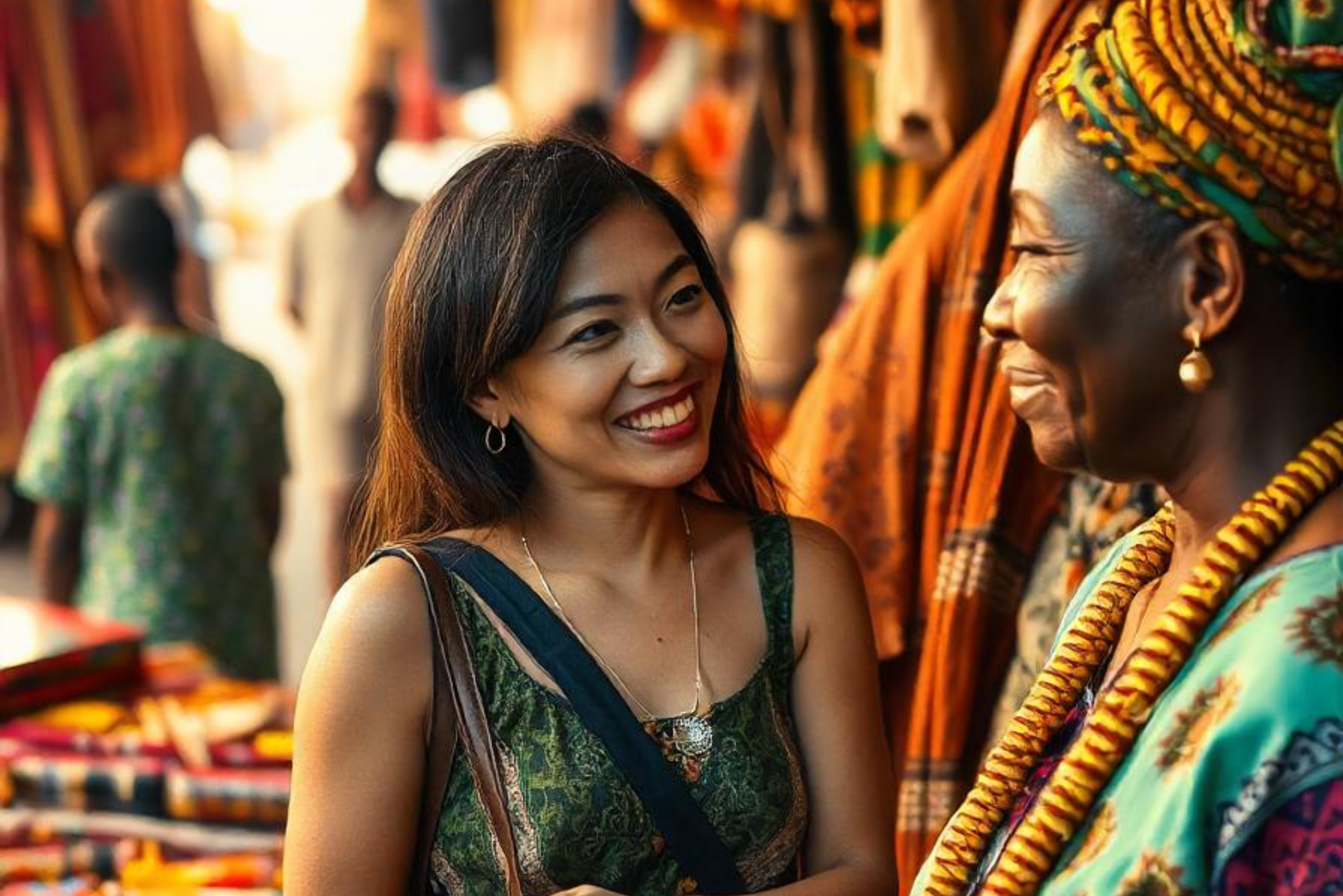 The image shows a smiling Asian female tourist engaging with a local Black female artisan in a bustling African market, showcasing colorful textiles and traditional attire.