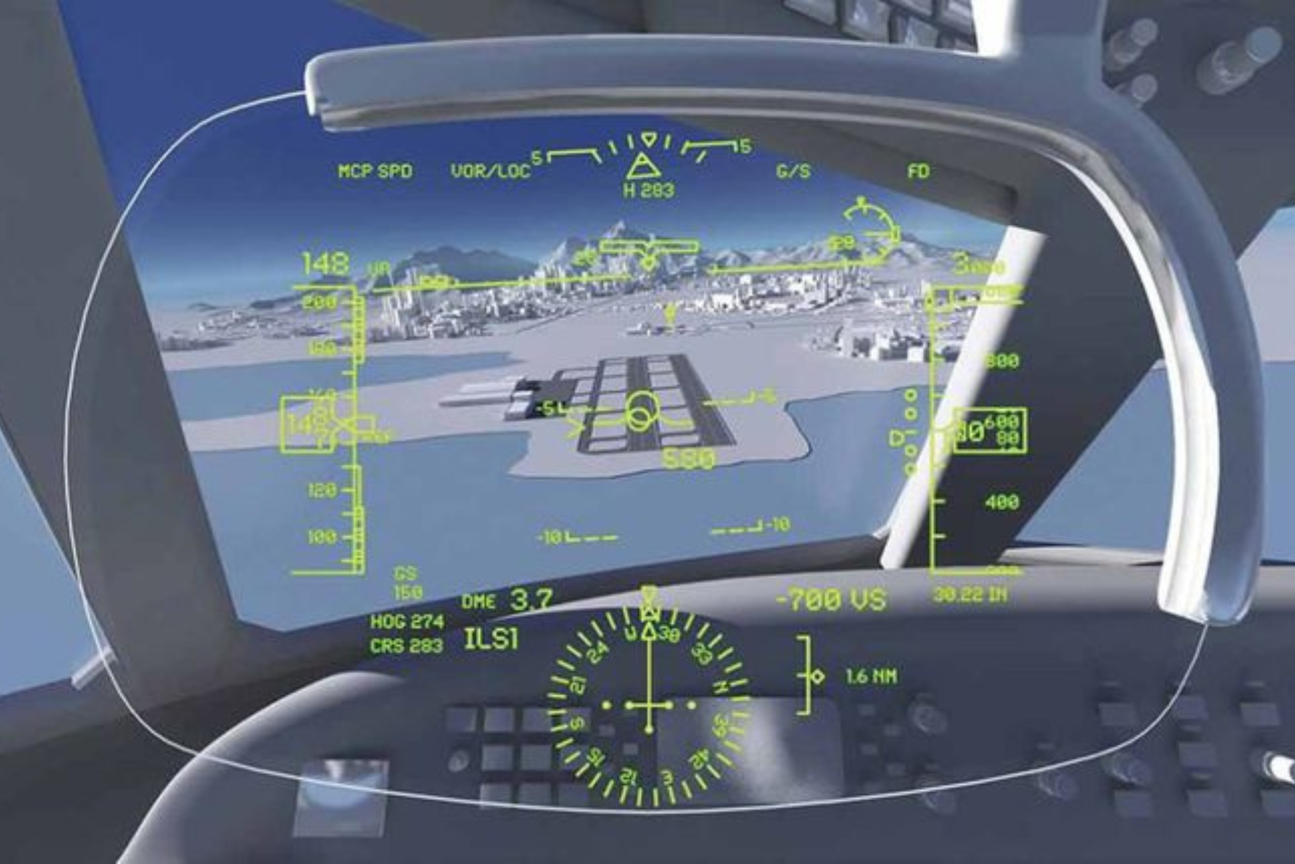 An image showing a pilot's view of an airplane cockpit with augmented reality heads-up displays.