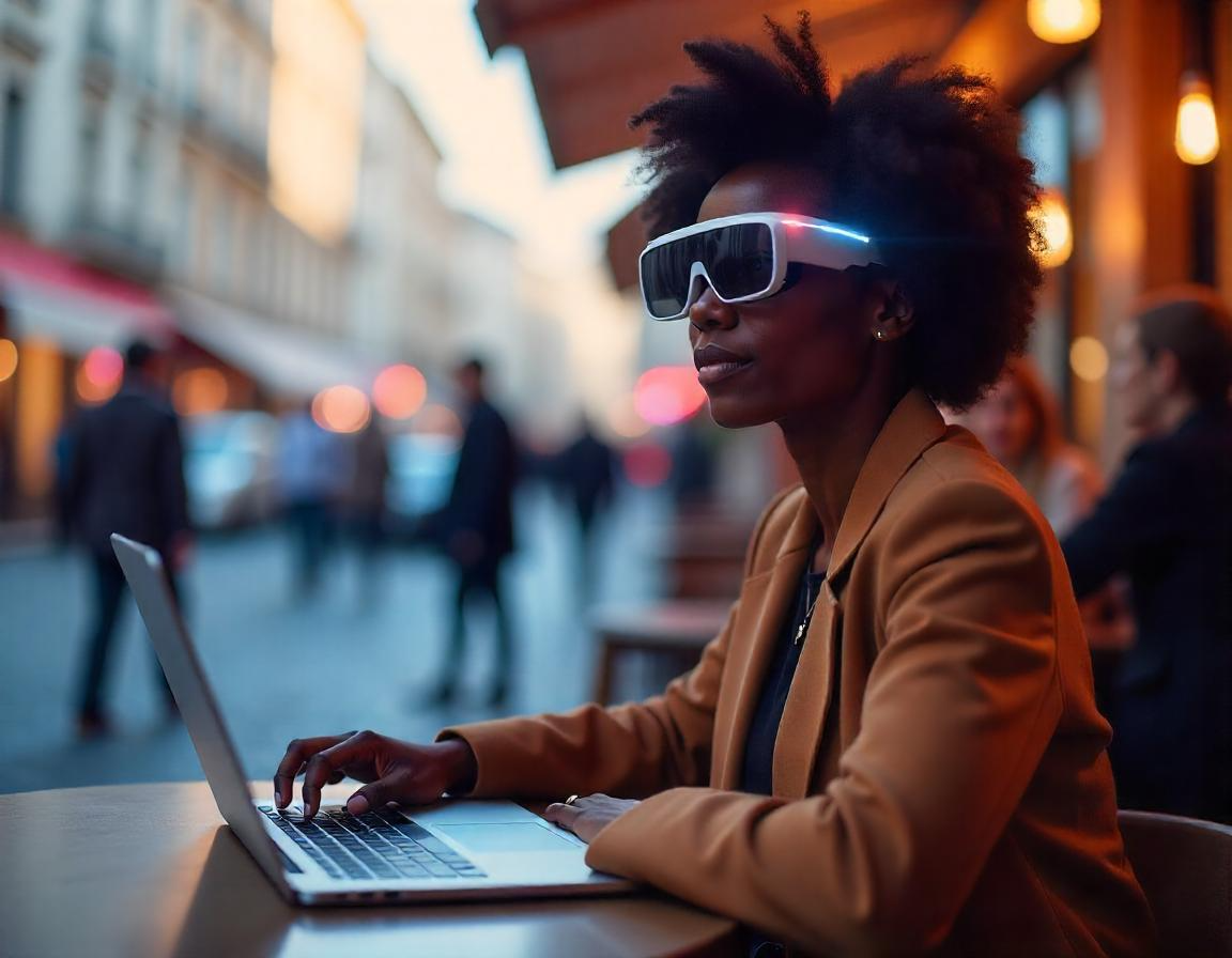An image showing a Black woman wearing AR smart glasses, sitting at a café in a bustling European city.