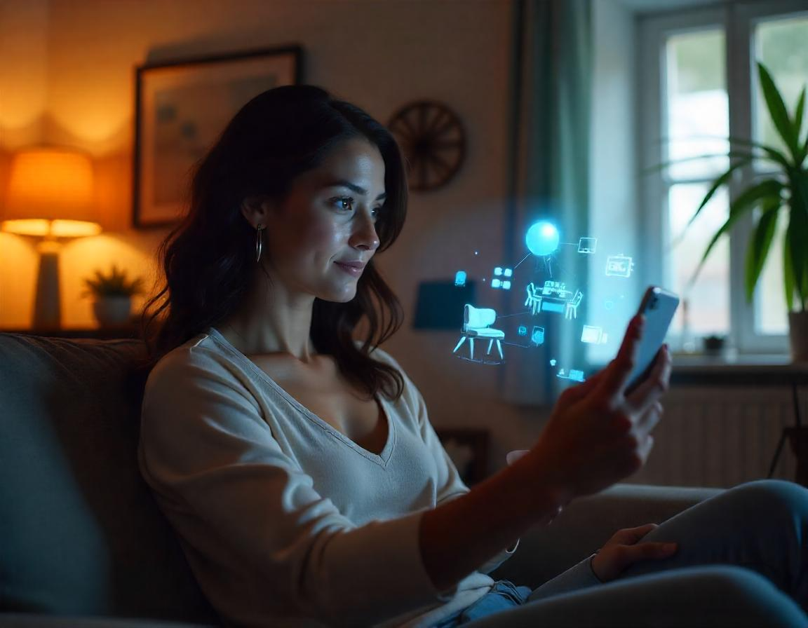 An image showing a Hispanic woman in a cozy living room using augmented reality on her smartphone, with virtual furniture and decorations appearing around her.