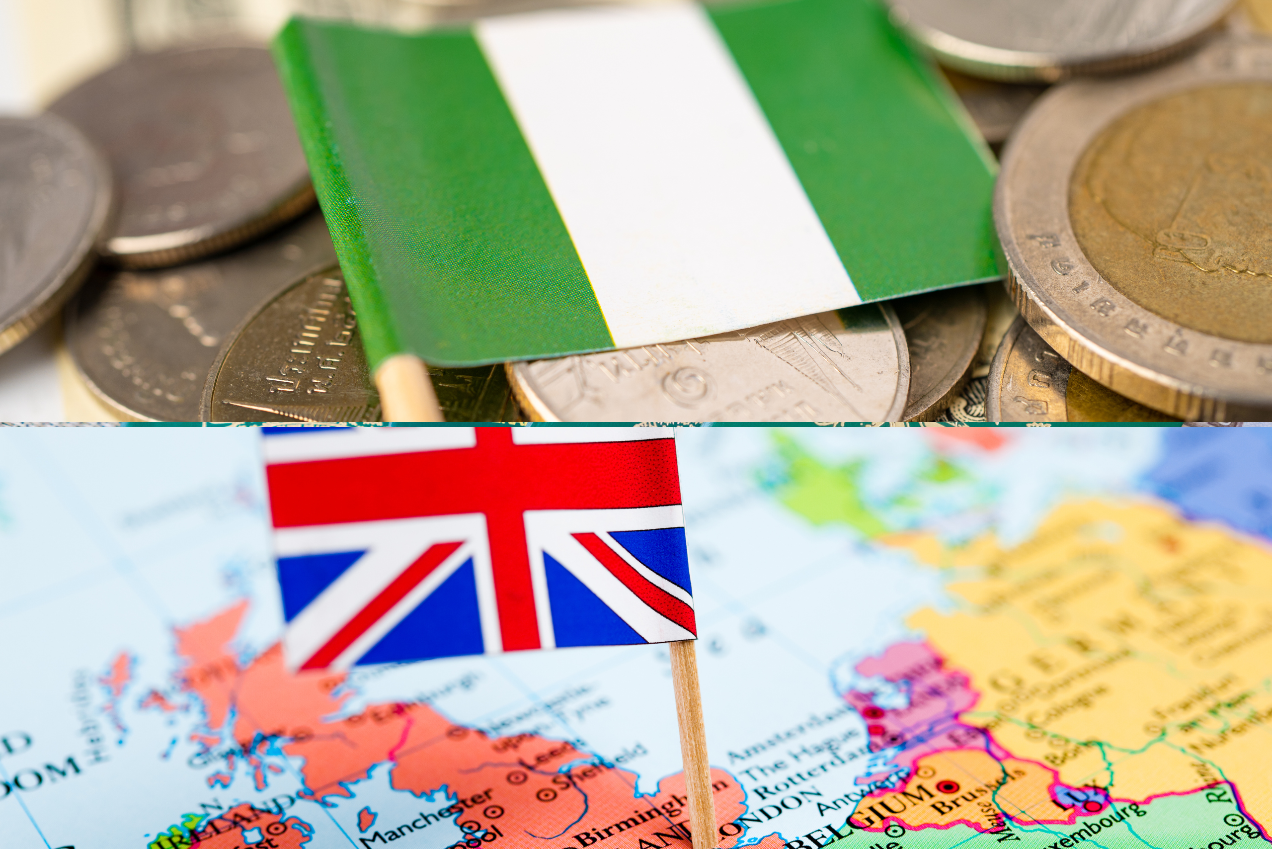 An image showing the Nigeria Flag and the United Kingdom flag.