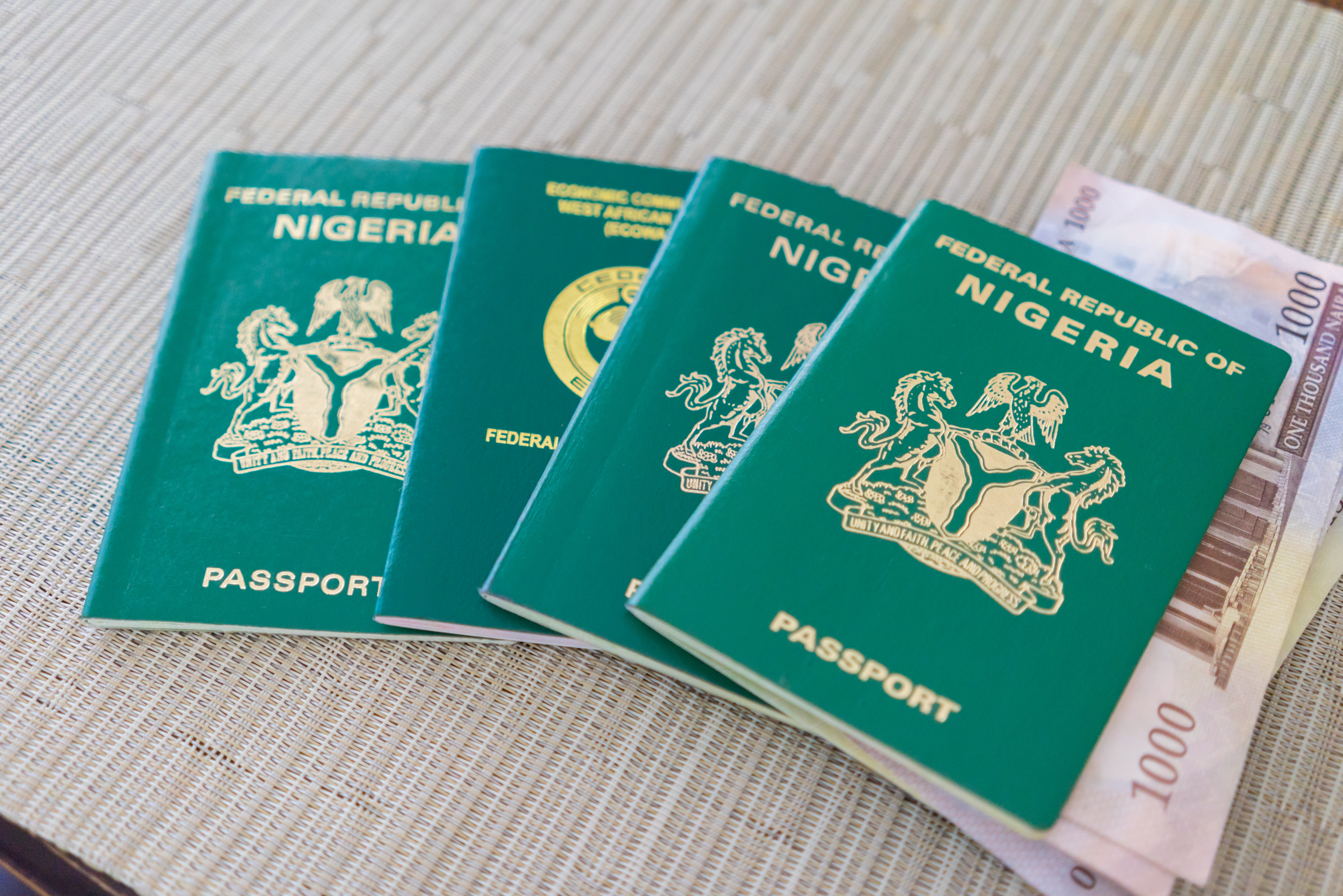 An image showing a Nigerian passport and Nigerian currency.