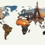 An image showing a map with a collage of iconic locations around the world.