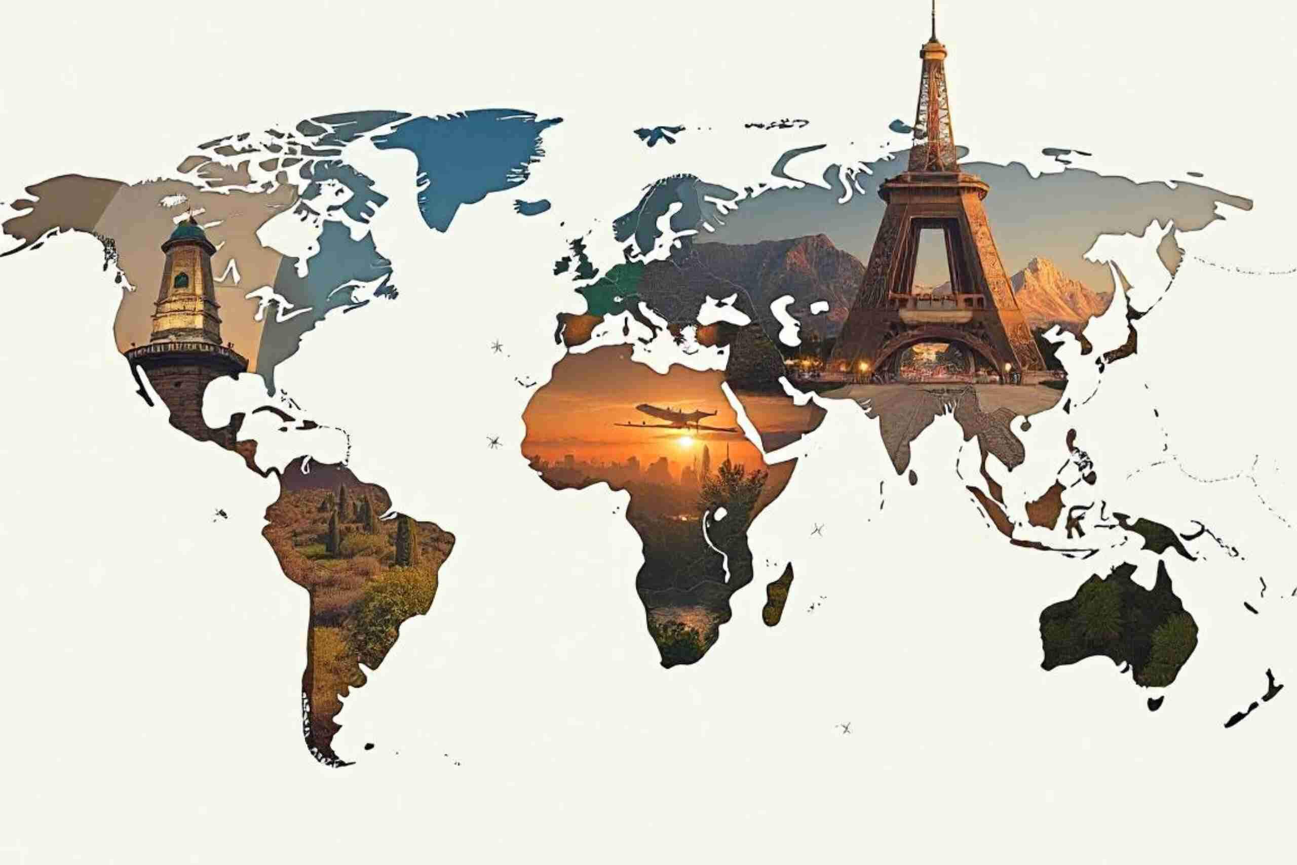 An image showing a map with a collage of iconic locations around the world.