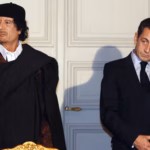 Image of Nicolas Sarkozy (right) has been accused of seeking financing from the regime of then Libyan leader Muammar Gaddafi (left).