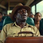 An image showing a traveller snoring on a bus.