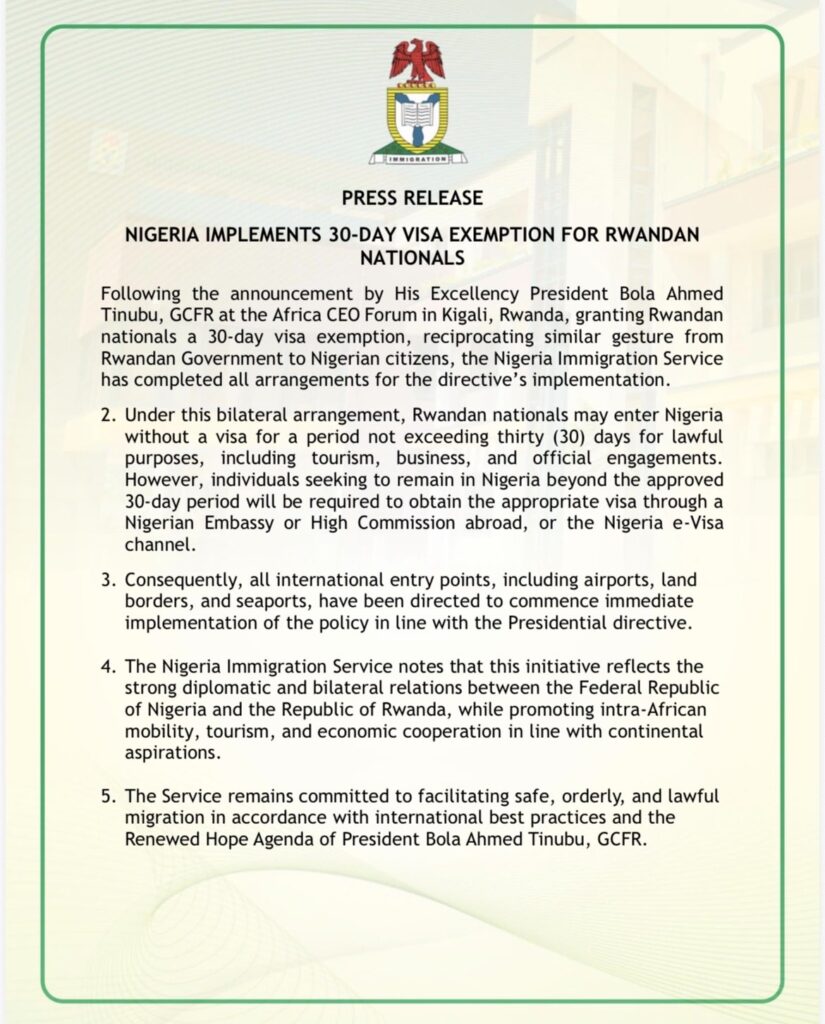 Nigeria Rwanda visa-free travel