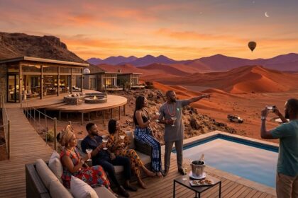 Affordable luxury Namibia lodge overlooking Sossusvlei dunes at sunrise