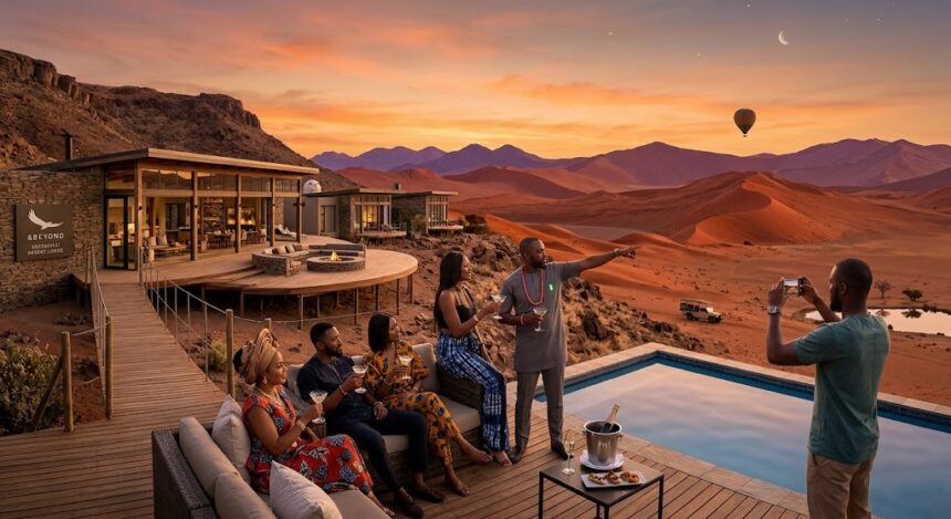 Affordable luxury Namibia lodge overlooking Sossusvlei dunes at sunrise