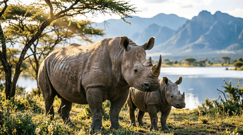 A black rhino and calf in Matusadona National Park marking the historic black rhino reintroduction in Zimbabwe.