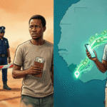 Cross border payment West Africa: traveler choosing between risky cash at a border checkpoint and instant digital payment on a smartphone