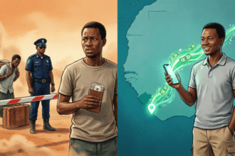 Cross border payment West Africa: traveler choosing between risky cash at a border checkpoint and instant digital payment on a smartphone