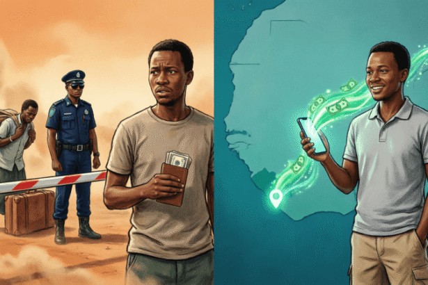 Cross border payment West Africa: traveler choosing between risky cash at a border checkpoint and instant digital payment on a smartphone