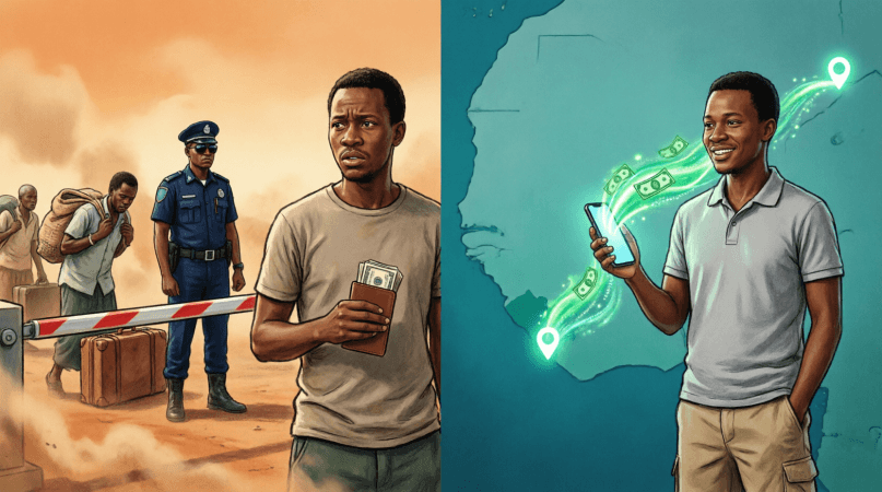Cross border payment West Africa: traveler choosing between risky cash at a border checkpoint and instant digital payment on a smartphone