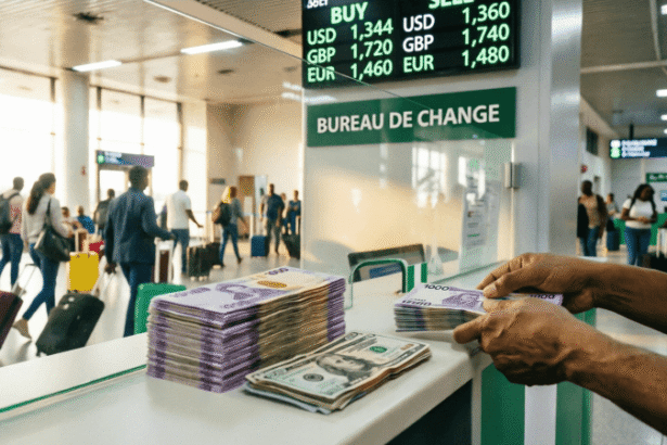Currency exchange counter at Lagos airport (MMIA): naira and US dollar notes on a bureau de change counter beneath a live rate board.