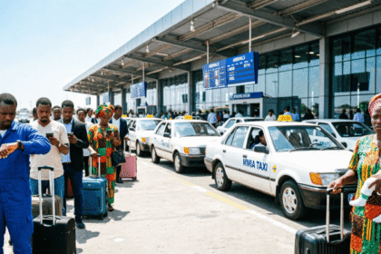 Frustrated passengers waiting for traditional airport taxis outside Murtala Muhammed International Airport (MMIA) is Uber banned in lagos airport