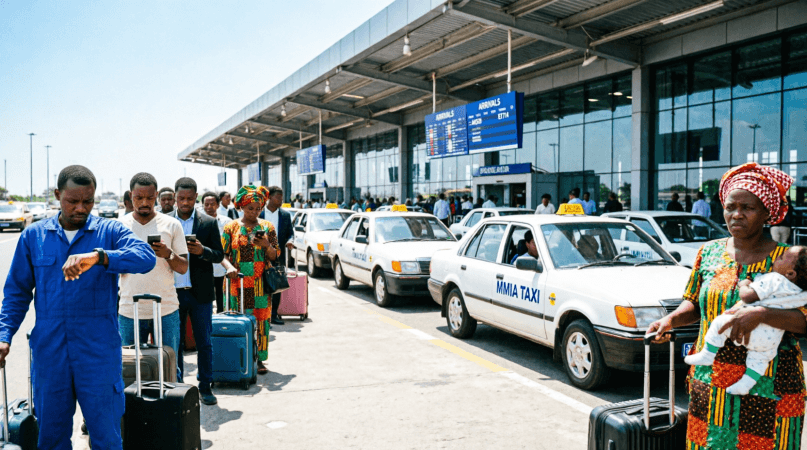 Frustrated passengers waiting for traditional airport taxis outside Murtala Muhammed International Airport (MMIA) is Uber banned in lagos airport