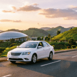 White taxi and moto taxi on a clean road from Kigali airport to city centre with the Kigali Convention Centre dome and green hills at sunset