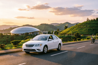 White taxi and moto taxi on a clean road from Kigali airport to city centre with the Kigali Convention Centre dome and green hills at sunset