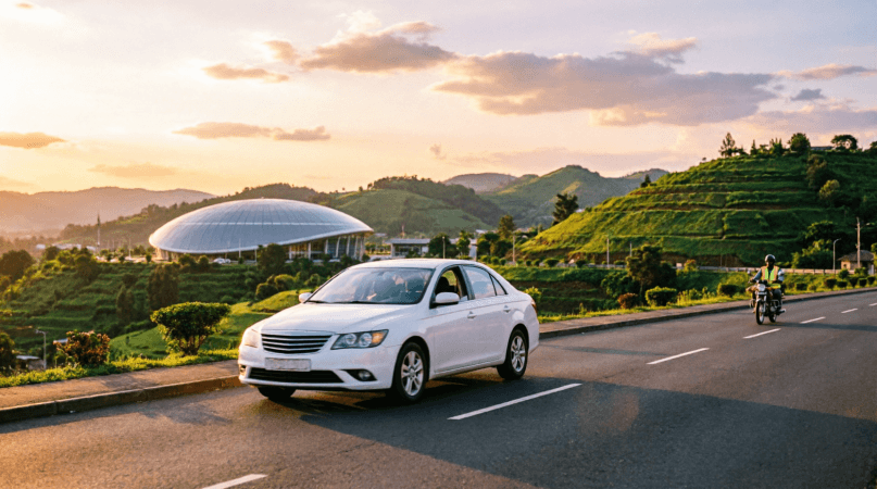 White taxi and moto taxi on a clean road from Kigali airport to city centre with the Kigali Convention Centre dome and green hills at sunset