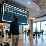 A traveler with a carry-on bag looking up at a digital flight departure board showing a missed connecting flight in a modern African international airport terminal
