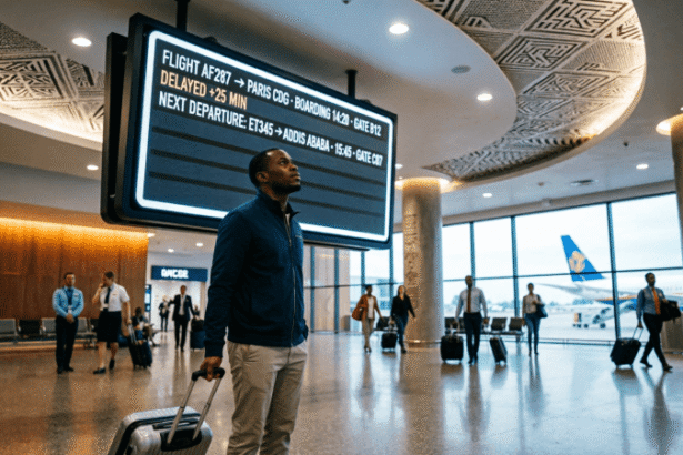 A traveler with a carry-on bag looking up at a digital flight departure board showing a missed connecting flight in a modern African international airport terminal