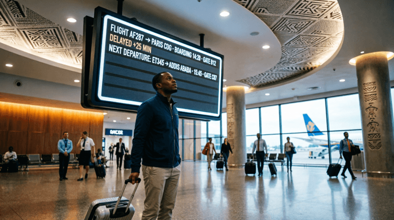 A traveler with a carry-on bag looking up at a digital flight departure board showing a missed connecting flight in a modern African international airport terminal