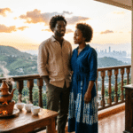 Couple who succeeded at moving to Ethiopia from USA enjoying coffee on their Addis Ababa balcony at sunset