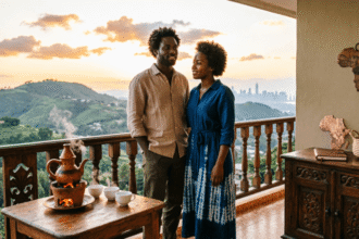 Couple who succeeded at moving to Ethiopia from USA enjoying coffee on their Addis Ababa balcony at sunset