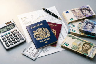 Proof of funds for UK visa and Schengen applications showing bank statements, passports, and currency for Nigerian applicants.