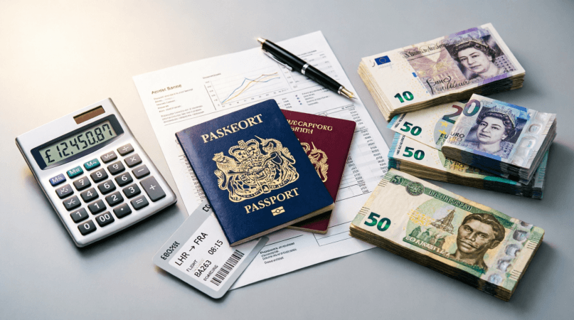 Proof of funds for UK visa and Schengen applications showing bank statements, passports, and currency for Nigerian applicants.