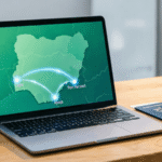 A laptop displaying an online flight booking interface with a map of Nigeria, alongside a passport and boarding pass, illustrating how to book domestic flights in Nigeria.