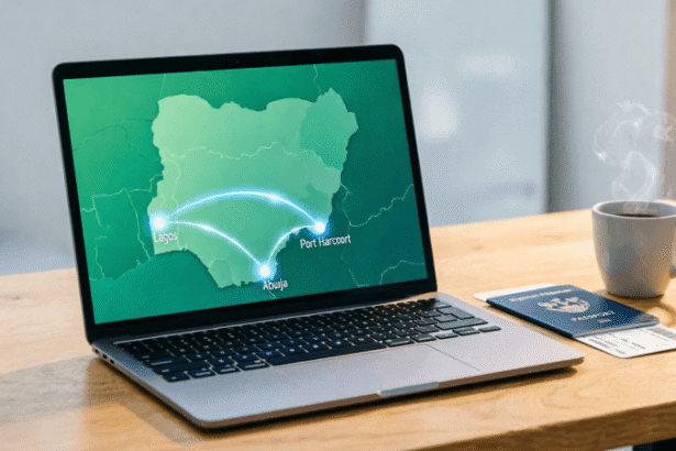 A laptop displaying an online flight booking interface with a map of Nigeria, alongside a passport and boarding pass, illustrating how to book domestic flights in Nigeria.