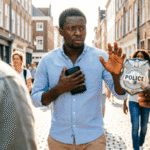 Nigerian tourist protecting wallet from fake police officer scam on European street