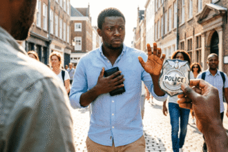 Nigerian tourist protecting wallet from fake police officer scam on European street
