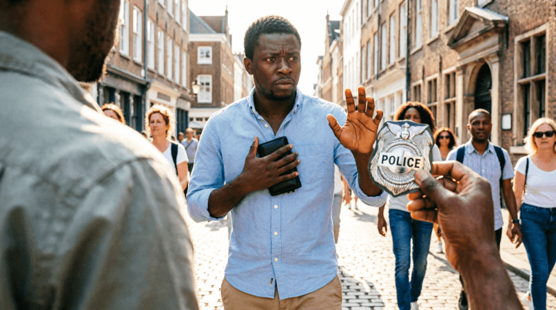 Nigerian tourist protecting wallet from fake police officer scam on European street