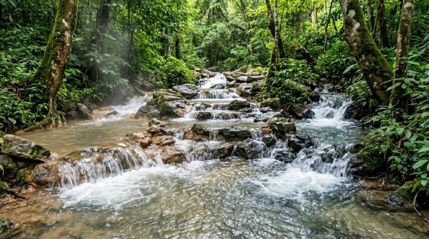 Crystal clear natural spring water flowing over dark rocks in a lush tropical forest at Ikogosi Warm Springs, Nigeria