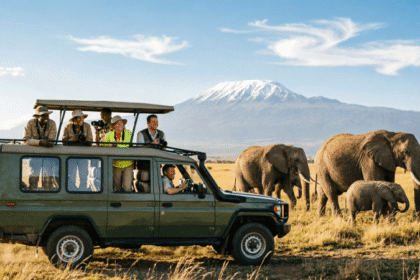 Open-roof safari vehicle on the golden savannah of Maasai Mara with elephants and Mount Kilimanjaro in the background, perfect for a Kenya safari guide for first-time visitors.