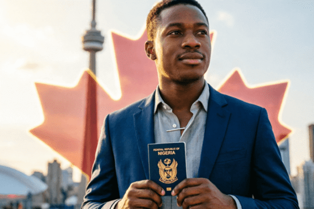 Hopeful Nigerian professional holding a passport with Canadian landmarks in the background, representing Canada PR from Nigeria in 2026.